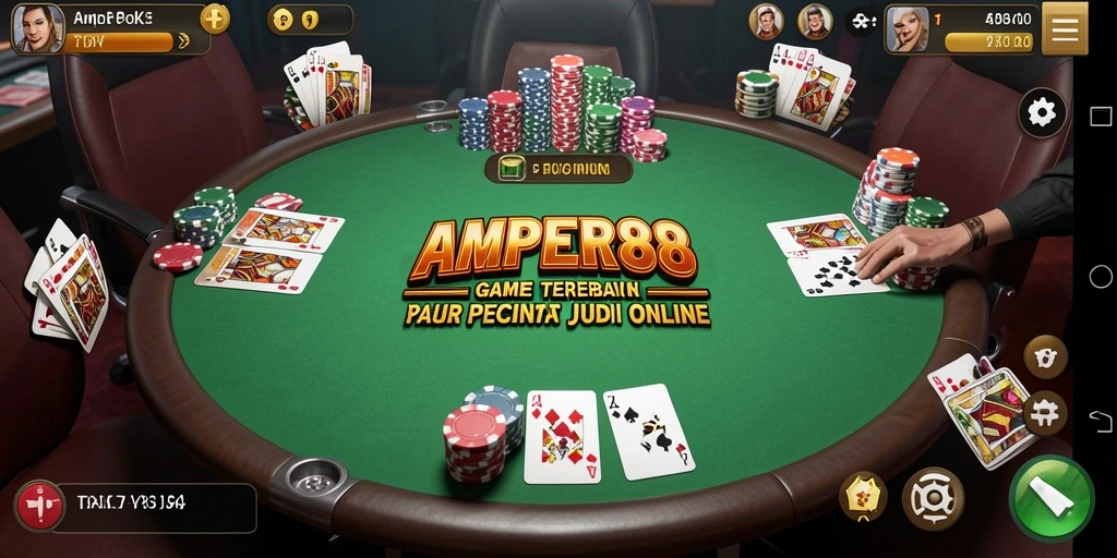 Tampilan gameplay AMPER88 dengan aksi poker seru yang menegangkan.