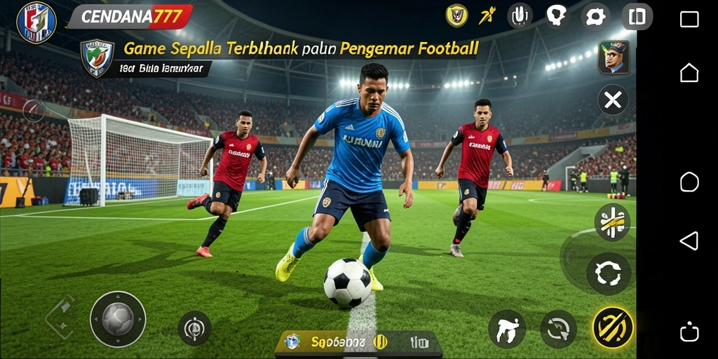 Screenshot dari gameplay CENDANA777 menampilkan aksi seru di lapangan sepak bola.