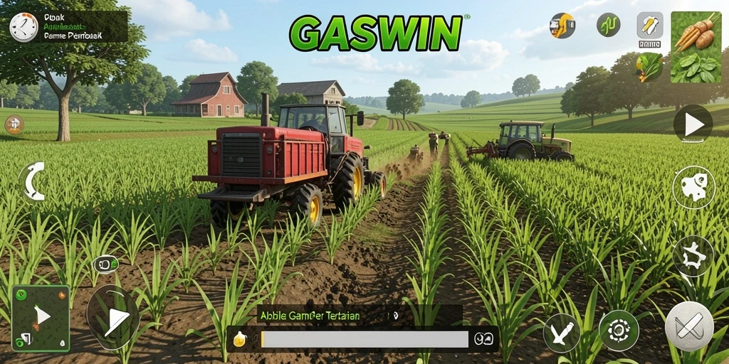 Tampilan gameplay <strong>GASWIN</strong> yang menarik dengan ladang yang subur.