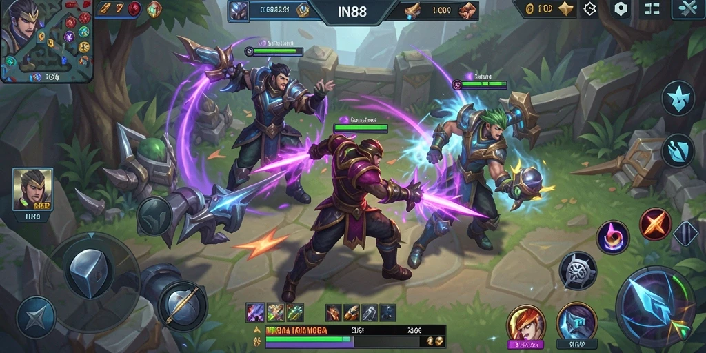 Screenshot menunjukkan aksi seru pertarungan tim dalam game MOBA.