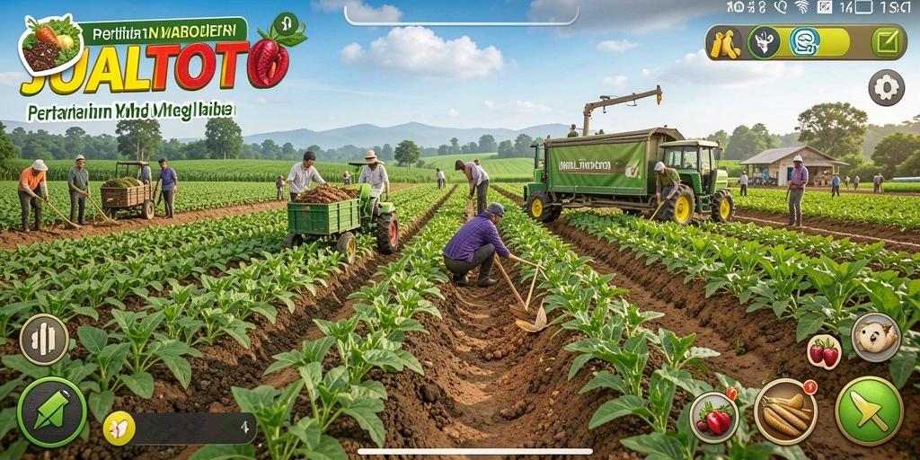 Screenshot gameplay <strong>JUALTOTO</strong> menampilkan ladang pertanian yang luas dan aktif.