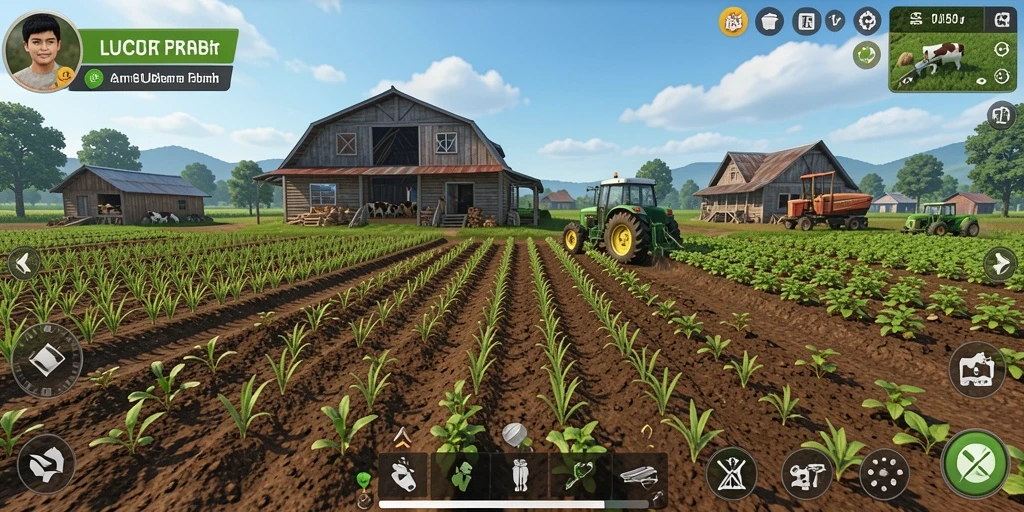 Screenshot LUCUBET menampilkan gameplay seru dengan pertanian yang hijau dan subur.