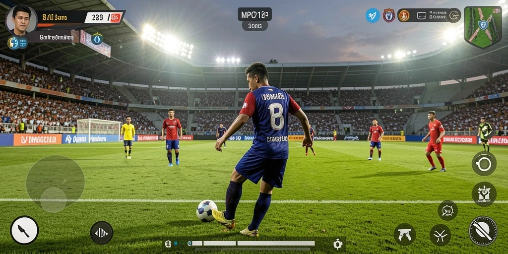 Screenshot MPO2121 menampilkan aksi seru dalam permainan sepak bola.