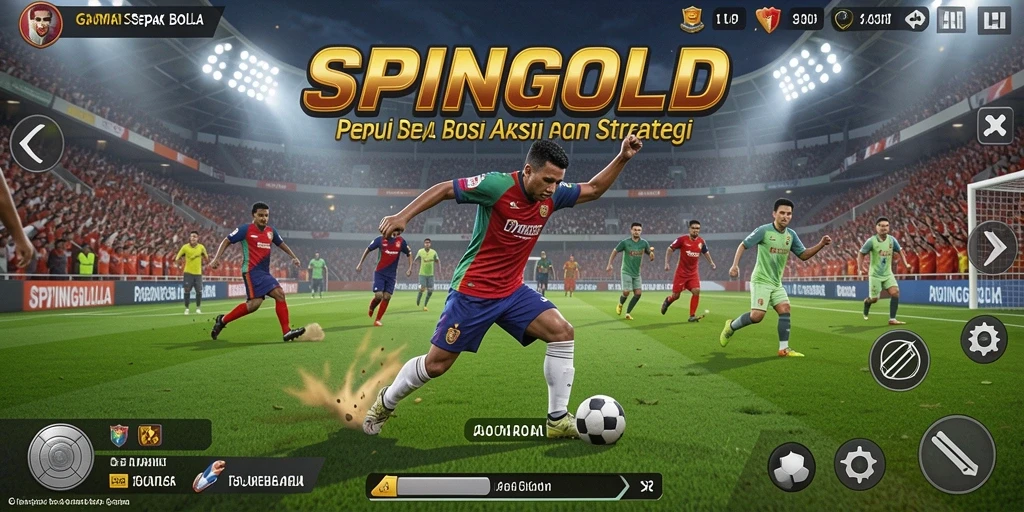 Screenshot SPINGOLD menampilkan aksi pertandingan sepak bola yang mendebarkan.